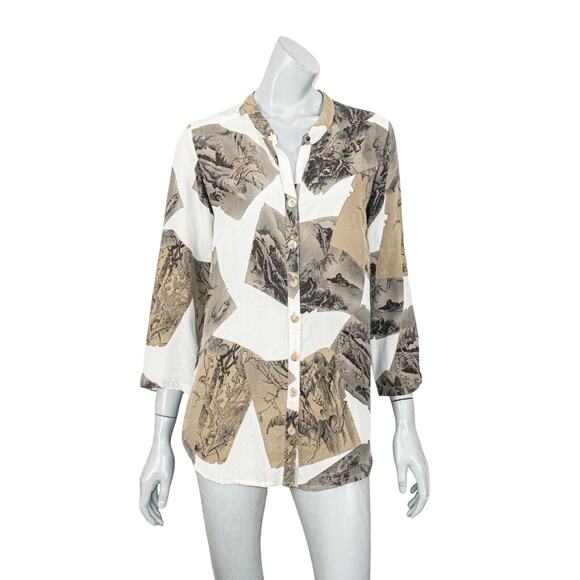 Citron of Santa Monica Women's 100% Silk blouse mandarin collar mountain print M - Picture 1 of 7